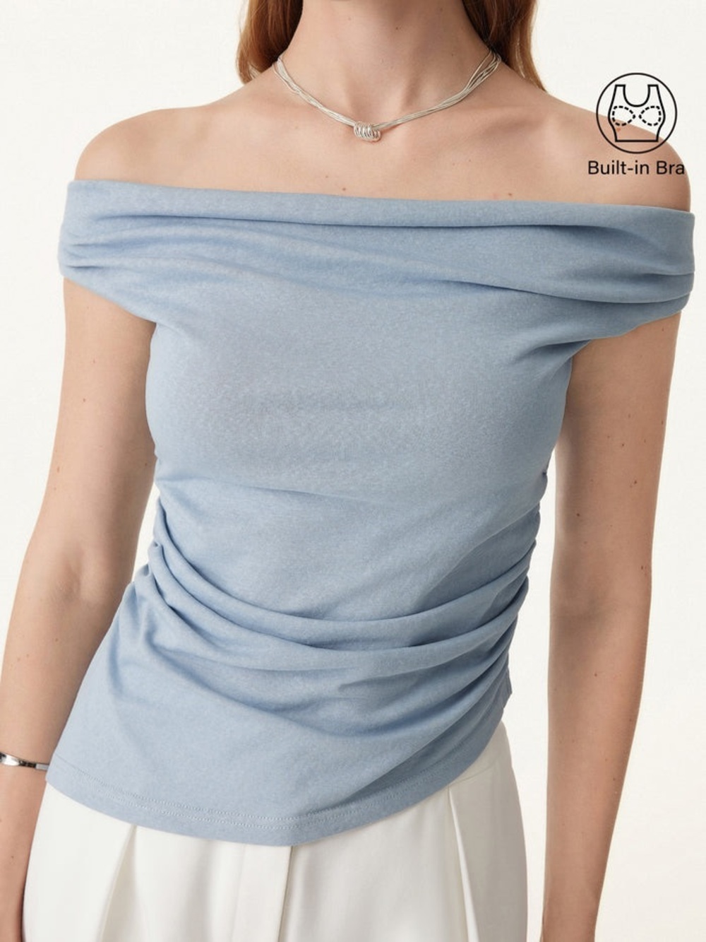 OGL Off Shoulder Cotton-Linen Gathered Airy Bra Tank | Arctic Fog | Large $49